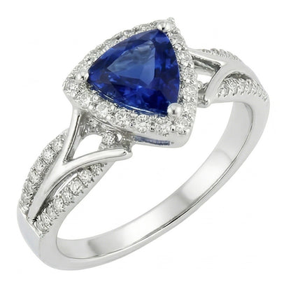 Women's Halo Natural Earth Mined Diamond Ring 3 Carats Trillion Blue Sapphire Split Shank