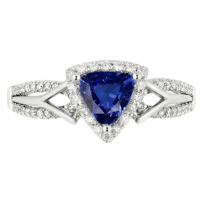 Women's Halo Natural Earth Mined Diamond Ring 3 Carats Trillion Blue Sapphire Split Shank
