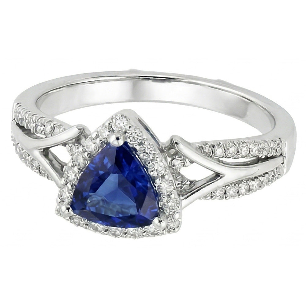 Women's Halo Natural Earth Mined Diamond Ring 3 Carats Trillion Blue Sapphire Split Shank