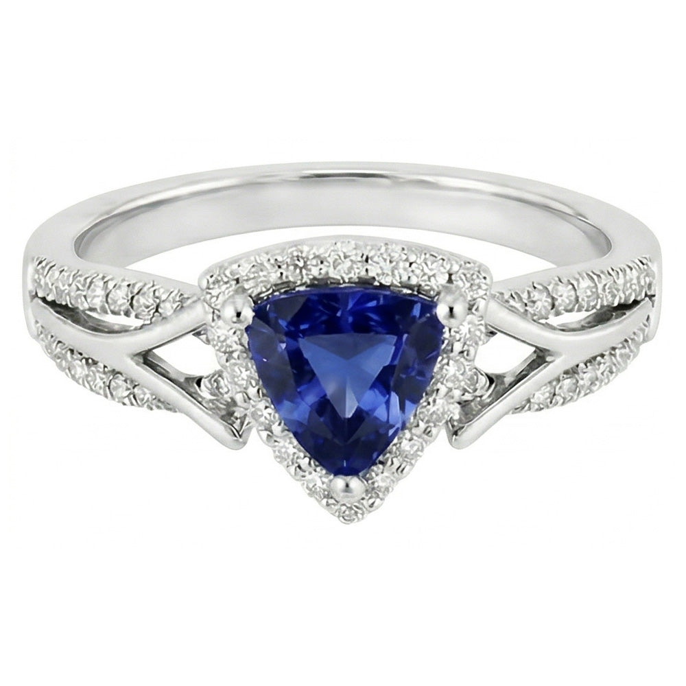 Women's Halo Natural Earth Mined Diamond Ring 3 Carats Trillion Blue Sapphire Split Shank
