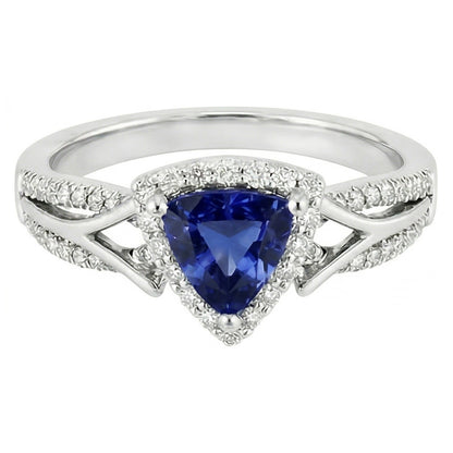 Women's Halo Natural Earth Mined Diamond Ring 3 Carats Trillion Blue Sapphire Split Shank