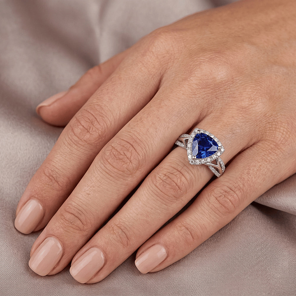 Women's Halo Natural Earth Mined Diamond Ring 3 Carats Trillion Blue Sapphire Split Shank