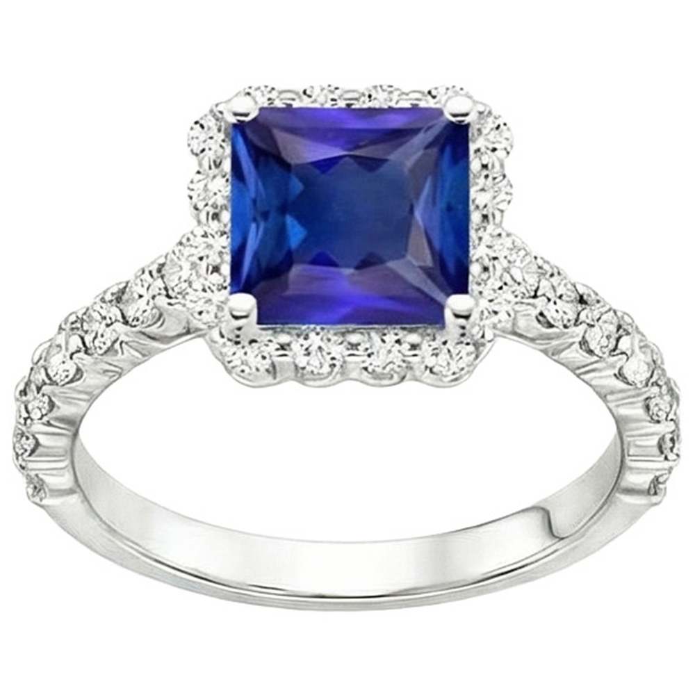Women’s Halo Natural Earth Mined Diamond Ring Ceylon Sapphire Stone & Accents 6.50 Carats