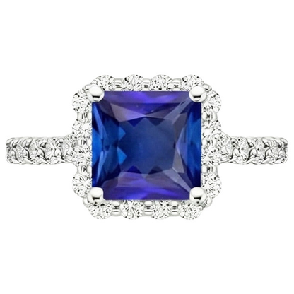 Women’s Halo Natural Earth Mined Diamond Ring Ceylon Sapphire Stone & Accents 6.50 Carats