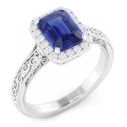 Women's Natural Earth Mined Diamond Halo Ring 2 Carats Srilankan Sapphire Gold Filigree