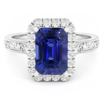 Women's Natural Earth Mined Diamond Halo Ring 2 Carats Srilankan Sapphire Gold Filigree