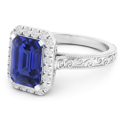 Women's Natural Earth Mined Diamond Halo Ring 2 Carats Srilankan Sapphire Gold Filigree