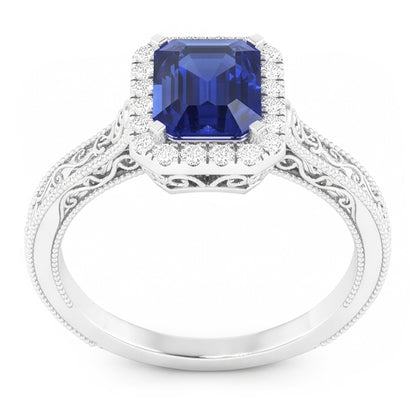 Women's Natural Earth Mined Diamond Halo Ring 2 Carats Srilankan Sapphire Gold Filigree
