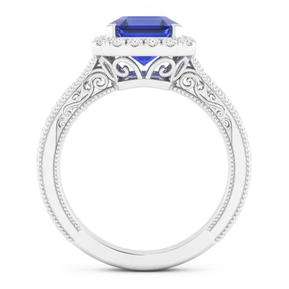 Women's Natural Earth Mined Diamond Halo Ring 2 Carats Srilankan Sapphire Gold Filigree