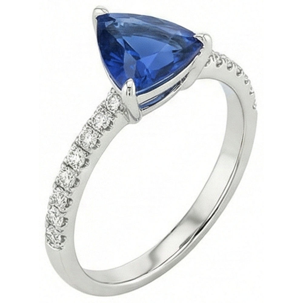 Women's Natural Earth Mined Diamond Ring 2 Carats Blue Sapphire Trillion Cut White Gold