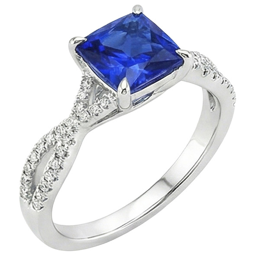 Women's Natural Earth Mined Diamond Ring Cushion Ceylon Sapphire With Accents 3.25 Carats