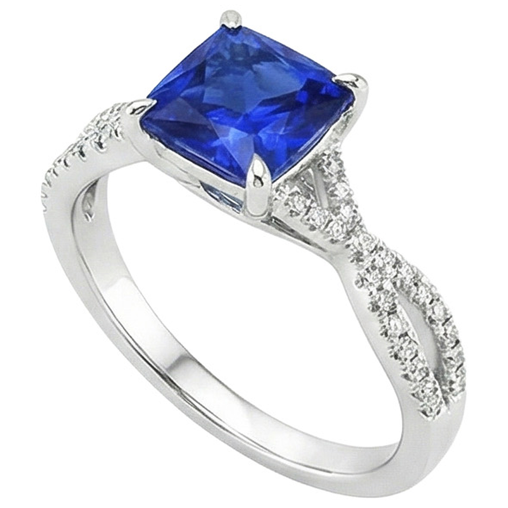 Women's Natural Earth Mined Diamond Ring Cushion Ceylon Sapphire With Accents 3.25 Carats