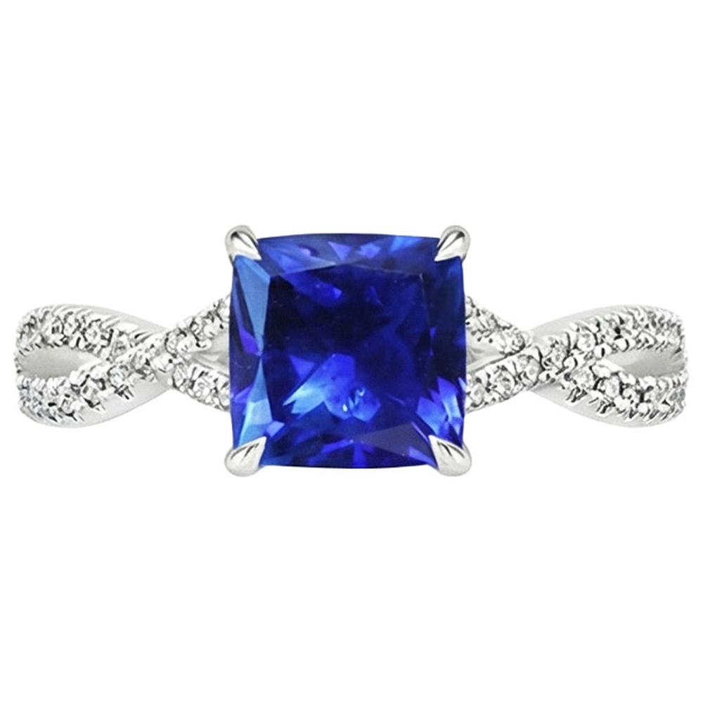 Women's Natural Earth Mined Diamond Ring Cushion Ceylon Sapphire With Accents 3.25 Carats
