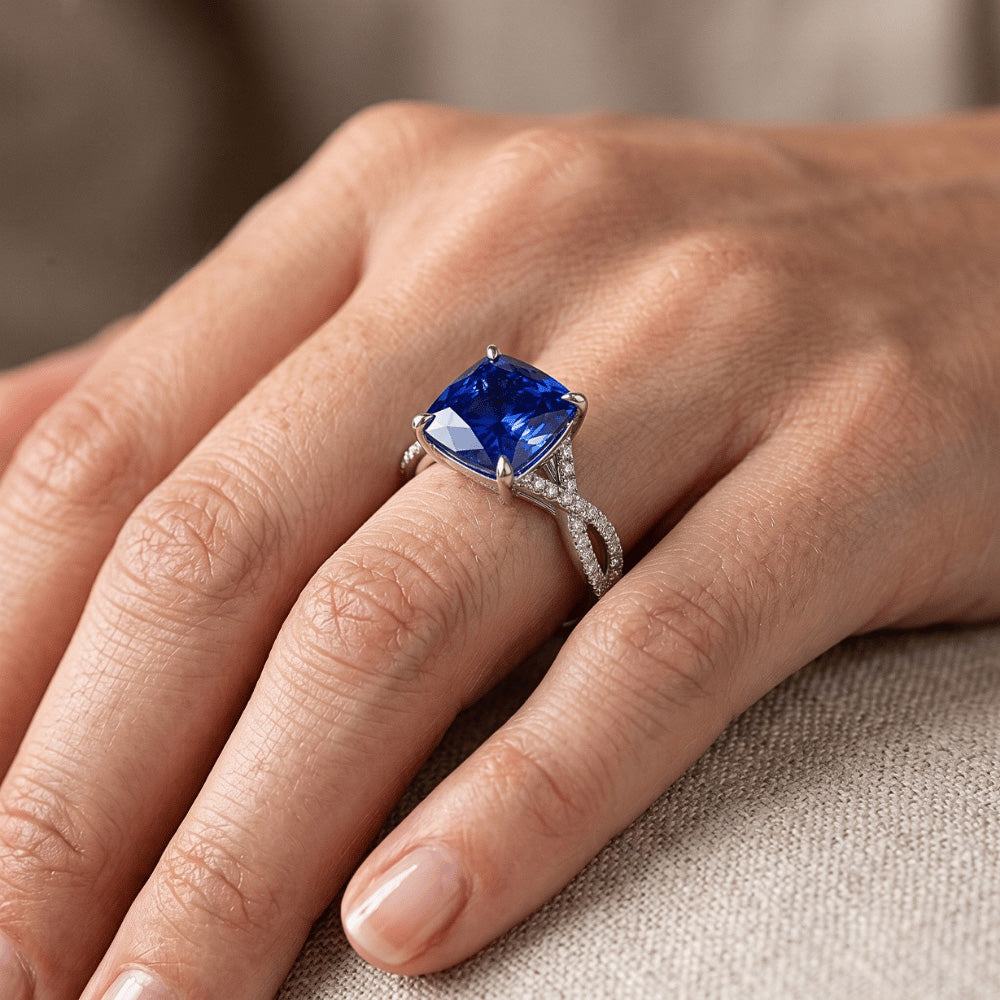 Women's Natural Earth Mined Diamond Ring Cushion Ceylon Sapphire With Accents 3.25 Carats