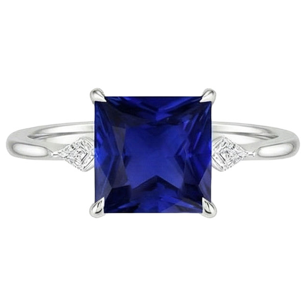 Women's Natural Earth Mined Diamond Ring Princess Blue Sapphire 5.25 Carats White Gold