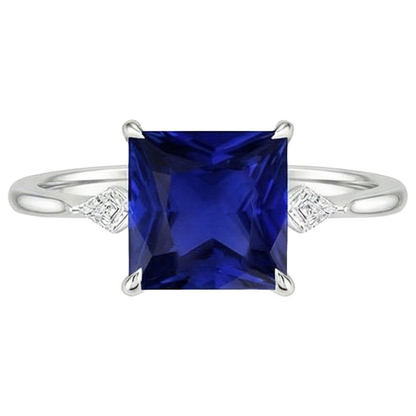 Women's Natural Earth Mined Diamond Ring Princess Blue Sapphire 5.25 Carats White Gold