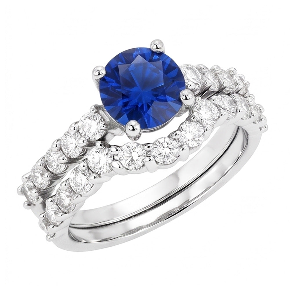 Women's Natural Earth Mined Diamond Round Blue Sapphire Engagement Ring Set 4.50 Carats