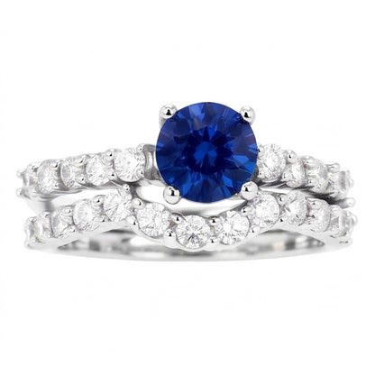 Women's Natural Earth Mined Diamond Round Blue Sapphire Engagement Ring Set 4.50 Carats