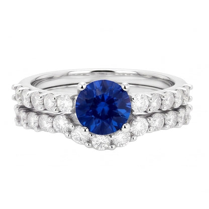 Women's Natural Earth Mined Diamond Round Blue Sapphire Engagement Ring Set 4.50 Carats