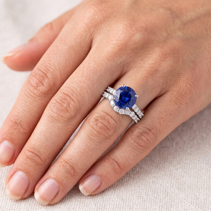 Women's Natural Earth Mined Diamond Round Blue Sapphire Engagement Ring Set 4.50 Carats