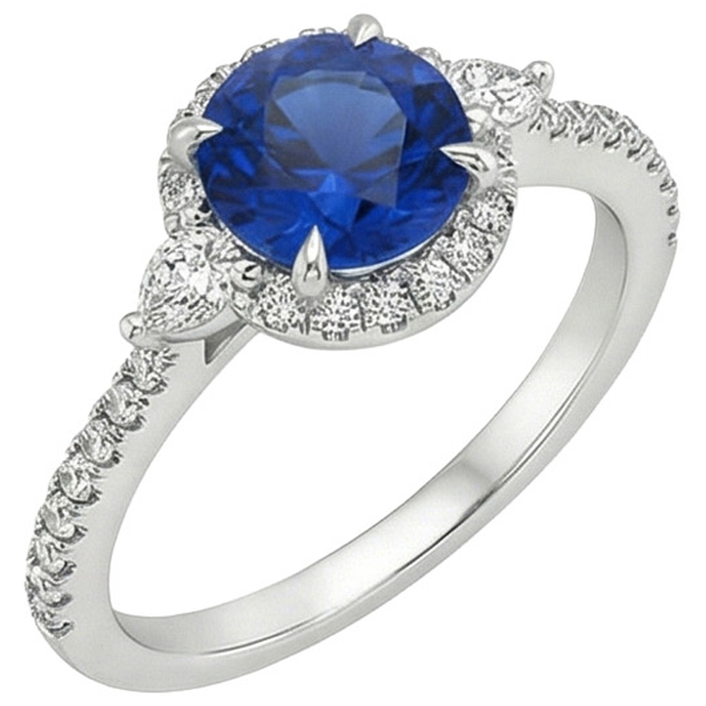 Women's Pear Natural Earth Mined Diamond And Round Ceylon Sapphire Gemstone Ring 3 Carats