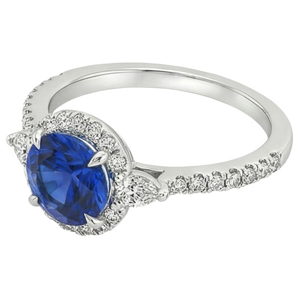 Women's Pear Natural Earth Mined Diamond And Round Ceylon Sapphire Gemstone Ring 3 Carats