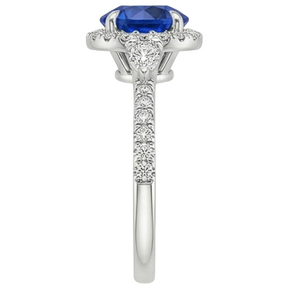 Women's Pear Natural Earth Mined Diamond And Round Ceylon Sapphire Gemstone Ring 3 Carats