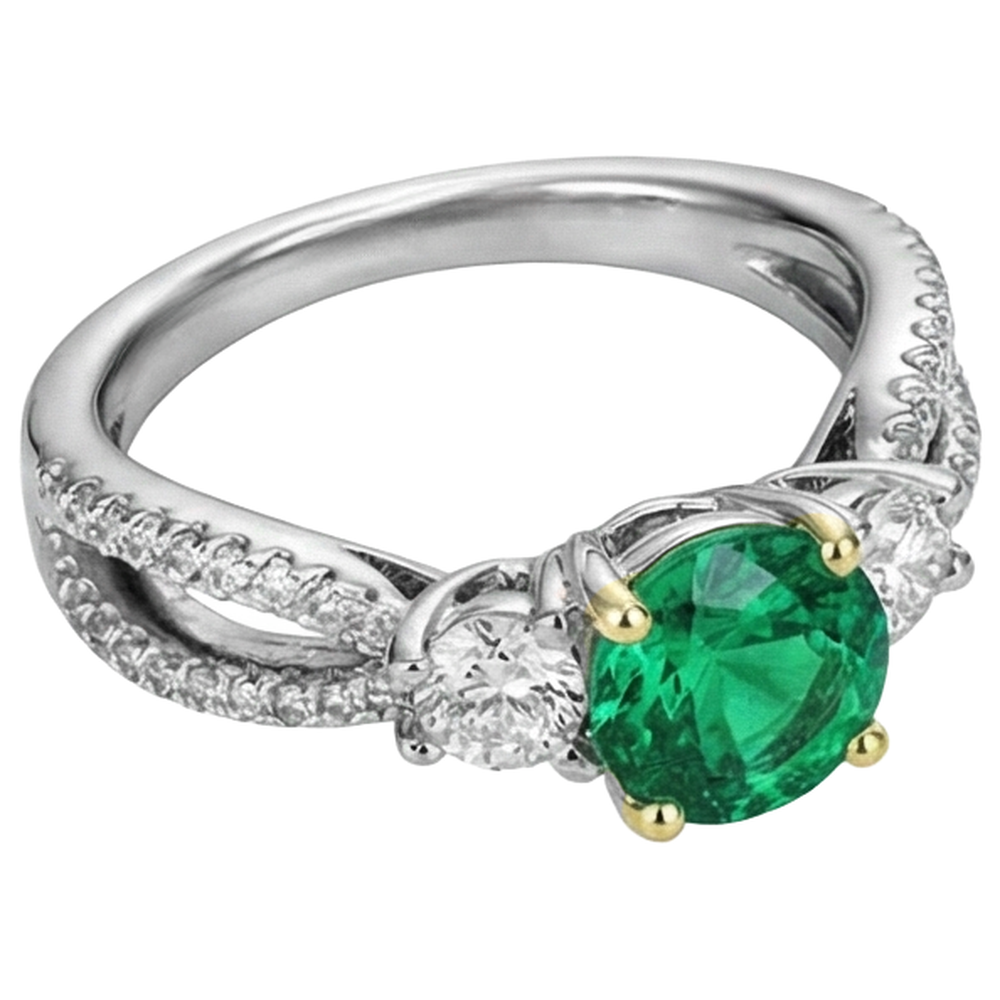 Natural Real ( Not Lab Grown ) Women’s Ring Green Emerald GIA Round Cut Diamonds