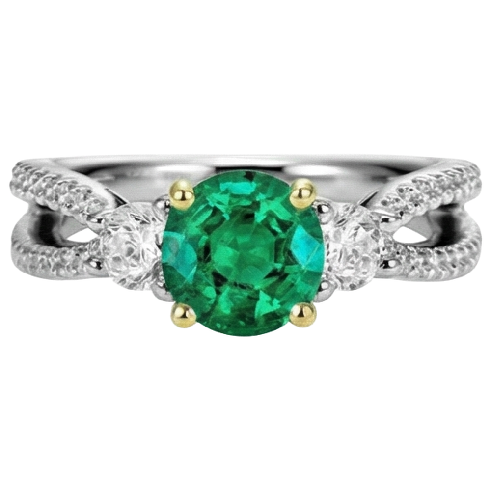 Natural Real ( Not Lab Grown ) Women’s Ring Green Emerald GIA Round Cut Diamonds