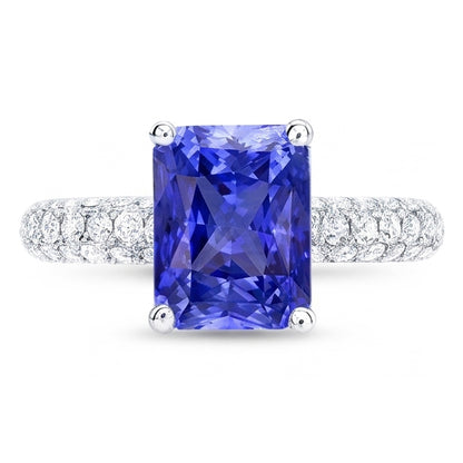 Women's Sapphire Ring Radiant Cut 3.50 Carats Multi Row Pave Natural Earth Mined Diamonds