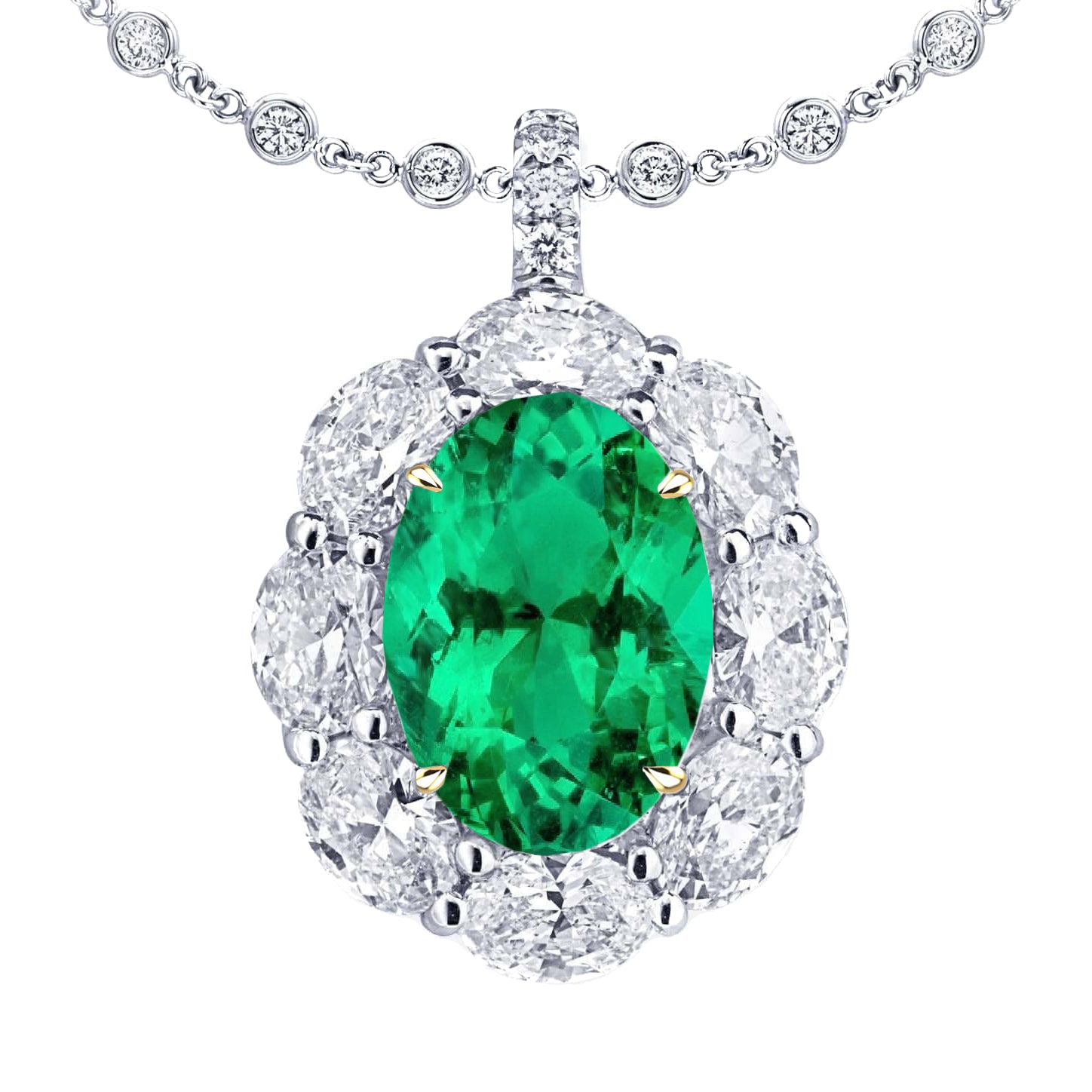 Women’s Green Emerald Halo Pendant Oval Cut Diamonds