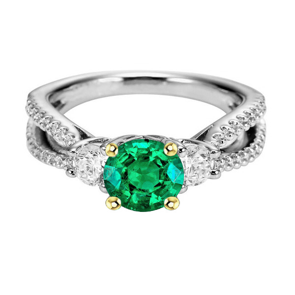 Women’s Ring Green Emerald Round Cut Diamonds