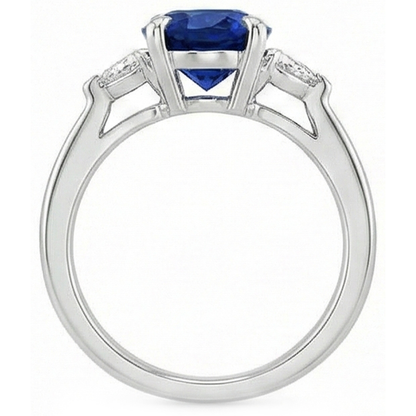 Womens 3 Stone Oval Blue Sapphire & Trillion Cut Natural Earth Mined Diamond Ring 3 Carats