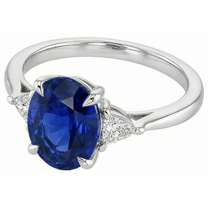 Womens 3 Stone Oval Blue Sapphire & Trillion Cut Natural Earth Mined Diamond Ring 3 Carats