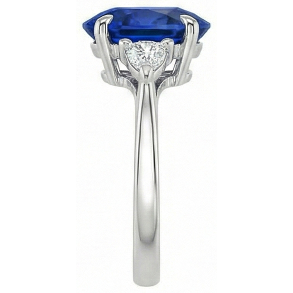 Womens 3 Stone Oval Blue Sapphire & Trillion Cut Natural Earth Mined Diamond Ring 3 Carats