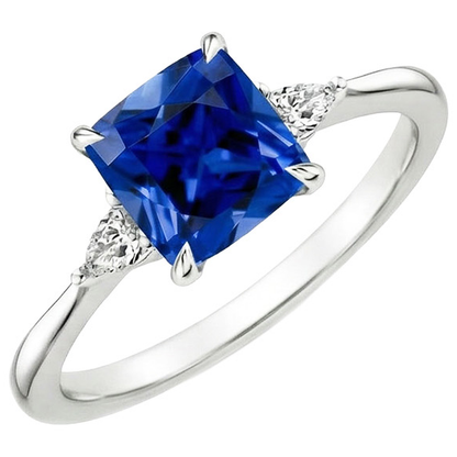 Womens 3 Stone Pear Natural Earth Mined Diamond & Cushion Blue Sapphire Ring 2.50 Carats