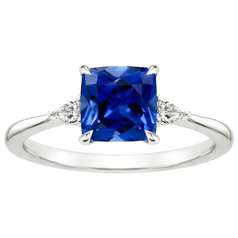 Womens 3 Stone Pear Natural Earth Mined Diamond & Cushion Blue Sapphire Ring 2.50 Carats