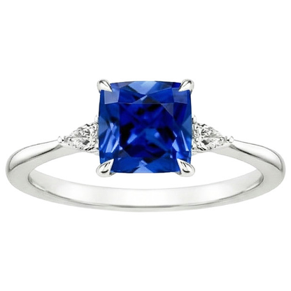 Womens 3 Stone Pear Natural Earth Mined Diamond & Cushion Blue Sapphire Ring 2.50 Carats