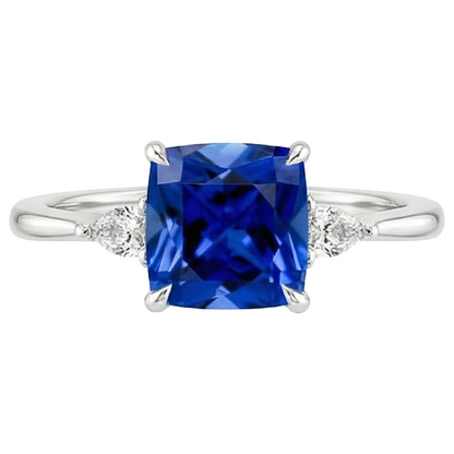 Womens 3 Stone Pear Natural Earth Mined Diamond & Cushion Blue Sapphire Ring 2.50 Carats