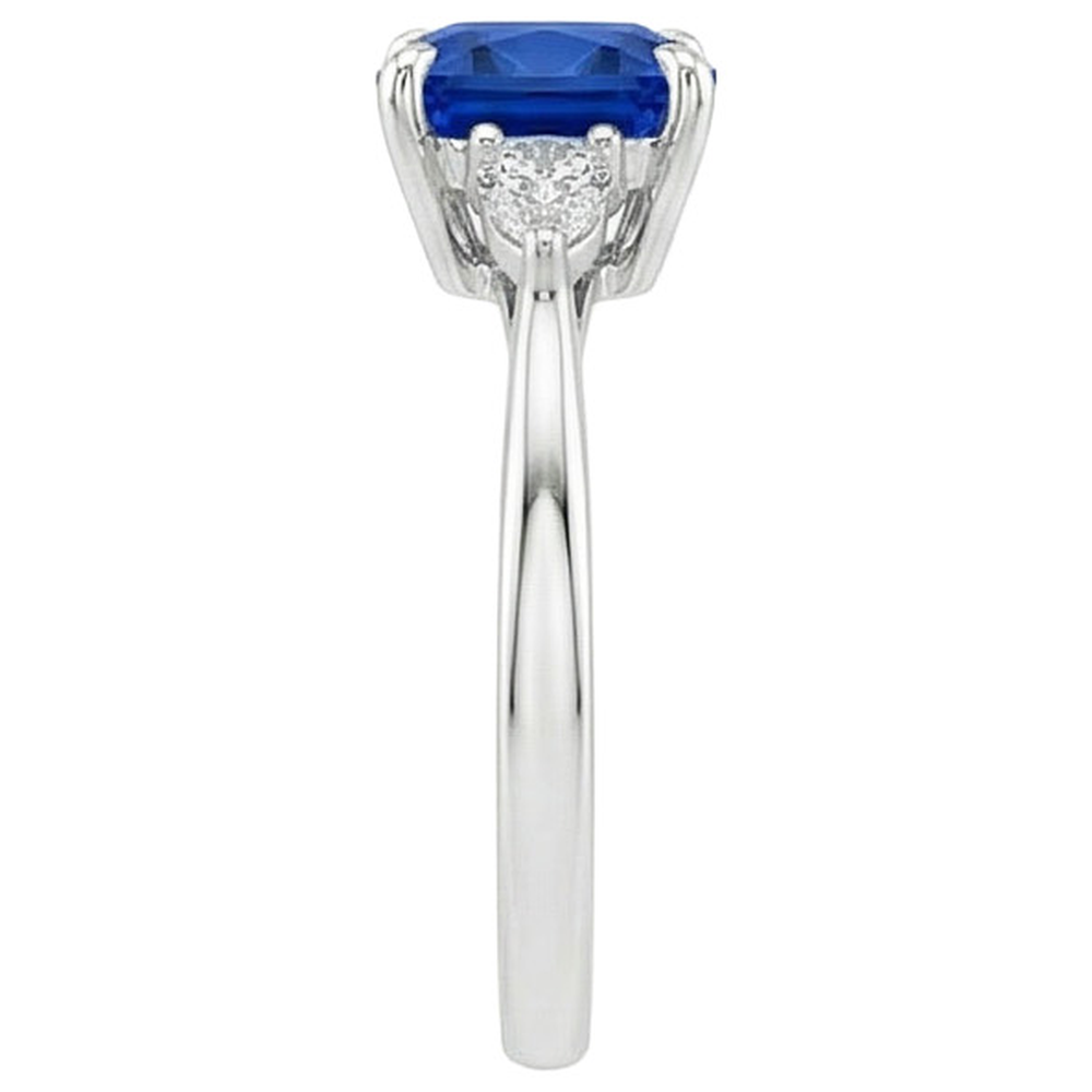 Womens 3 Stone Pear Natural Earth Mined Diamond & Cushion Blue Sapphire Ring 2.50 Carats