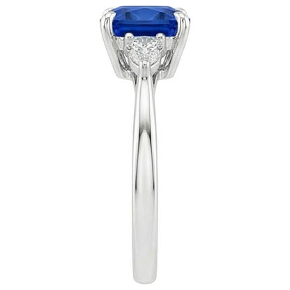 Womens 3 Stone Pear Natural Earth Mined Diamond & Cushion Blue Sapphire Ring 2.50 Carats