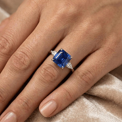 Womens 3 Stone Pear Natural Earth Mined Diamond & Cushion Blue Sapphire Ring 2.50 Carats