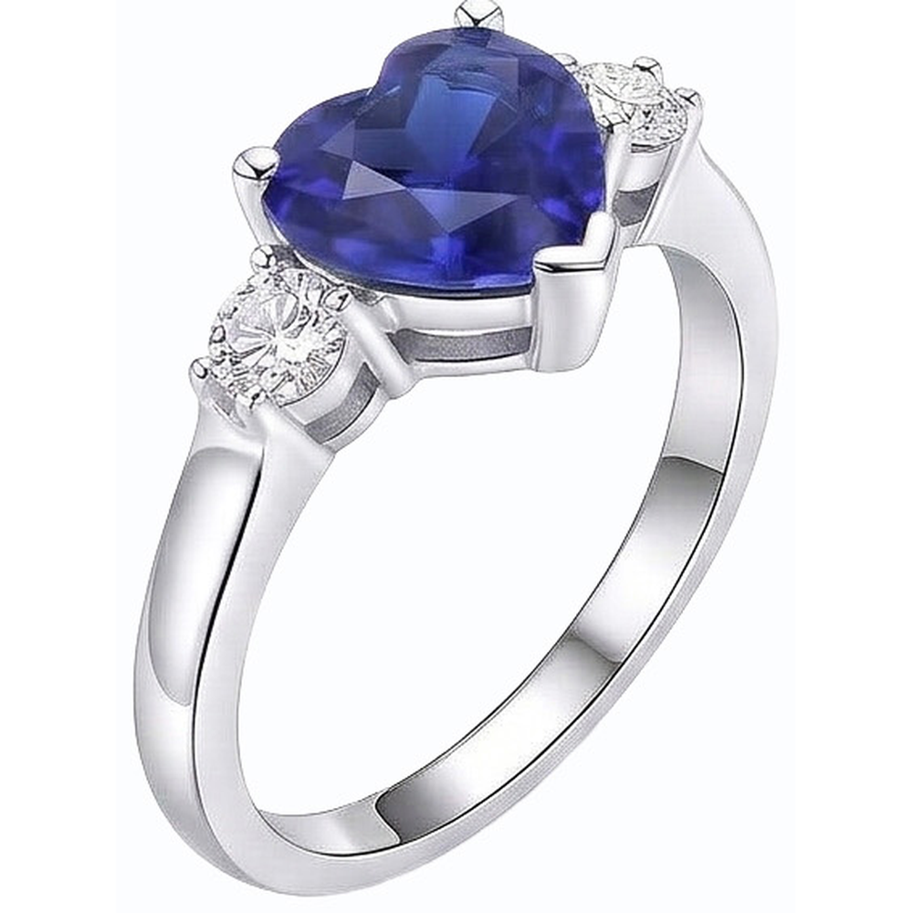 Womens 3 Stone Ring Heart Ceylon Sapphire & Round Natural Earth Mined Diamonds 2.50 Carats