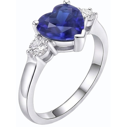 Womens 3 Stone Ring Heart Ceylon Sapphire & Round Natural Earth Mined Diamonds 2.50 Carats