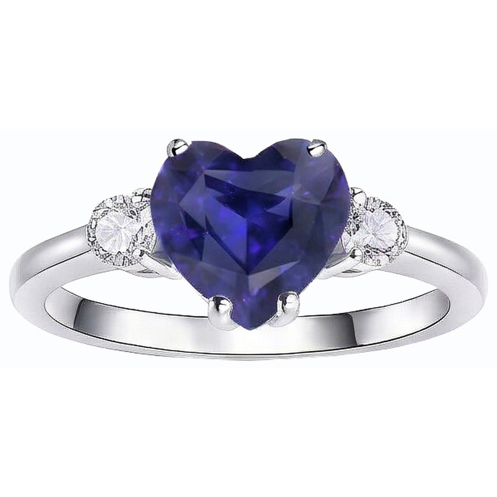 Womens 3 Stone Ring Heart Ceylon Sapphire & Round Natural Earth Mined Diamonds 2.50 Carats