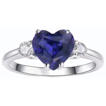 Womens 3 Stone Ring Heart Ceylon Sapphire & Round Natural Earth Mined Diamonds 2.50 Carats