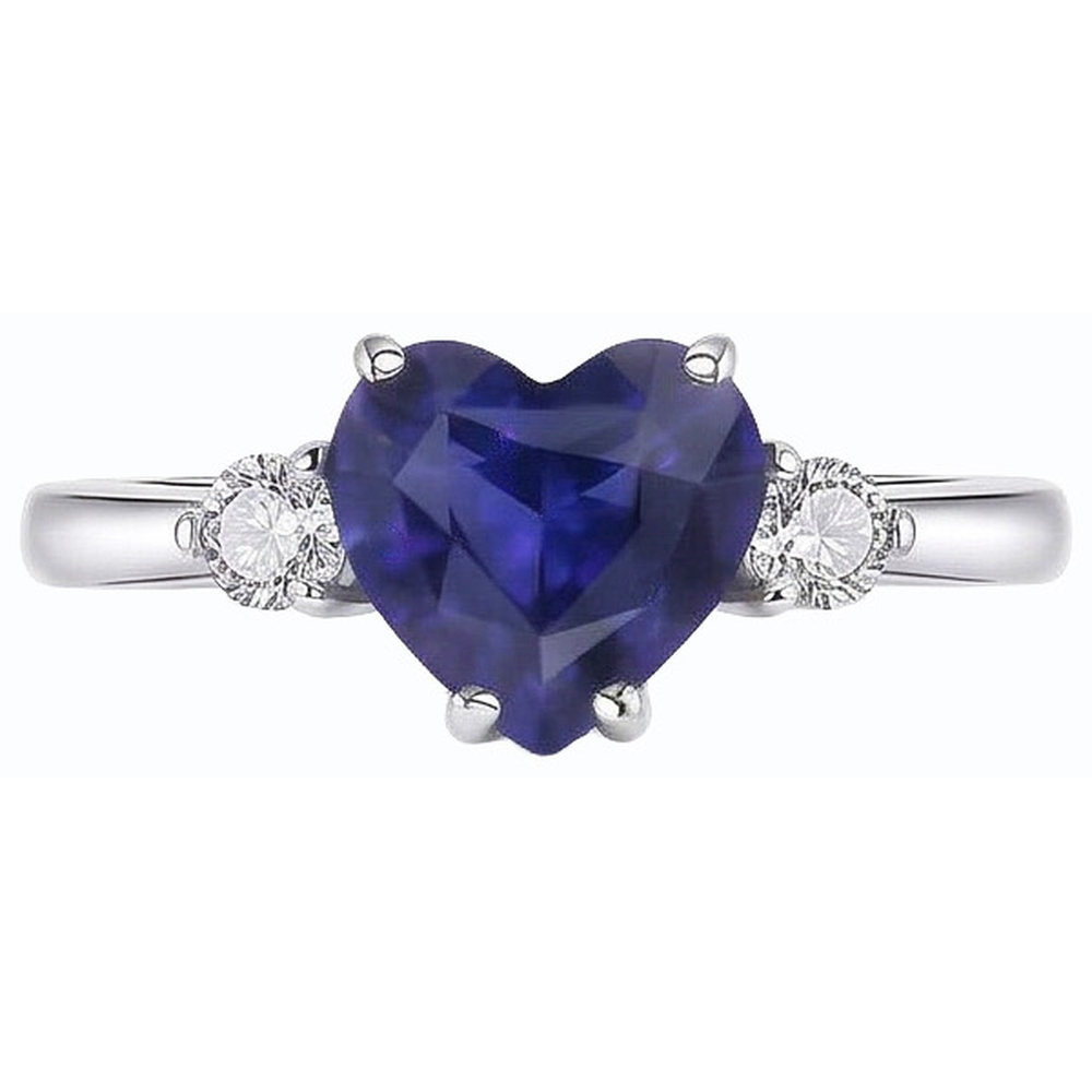 Womens 3 Stone Ring Heart Ceylon Sapphire & Round Natural Earth Mined Diamonds 2.50 Carats