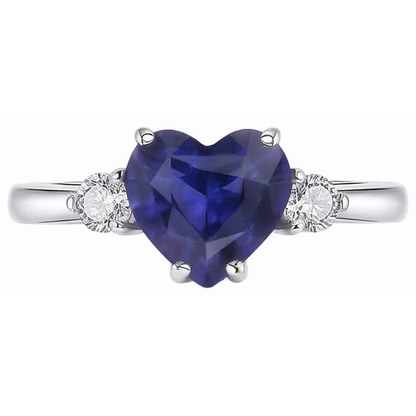 Womens 3 Stone Ring Heart Ceylon Sapphire & Round Natural Earth Mined Diamonds 2.50 Carats