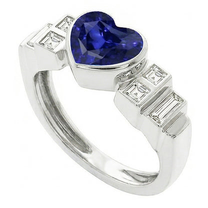 Womens Baguette Natural Earth Mined Diamond Heart Blue Sapphire Ring Bezel Set 2.50 Carats