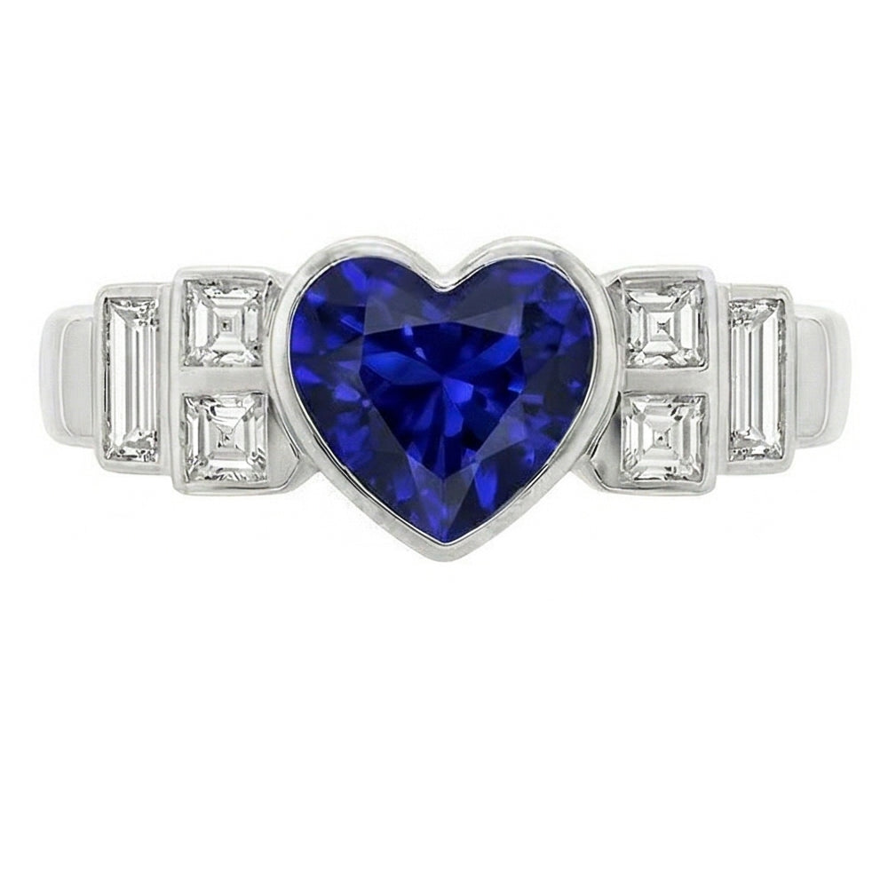 Womens Baguette Natural Earth Mined Diamond Heart Blue Sapphire Ring Bezel Set 2.50 Carats
